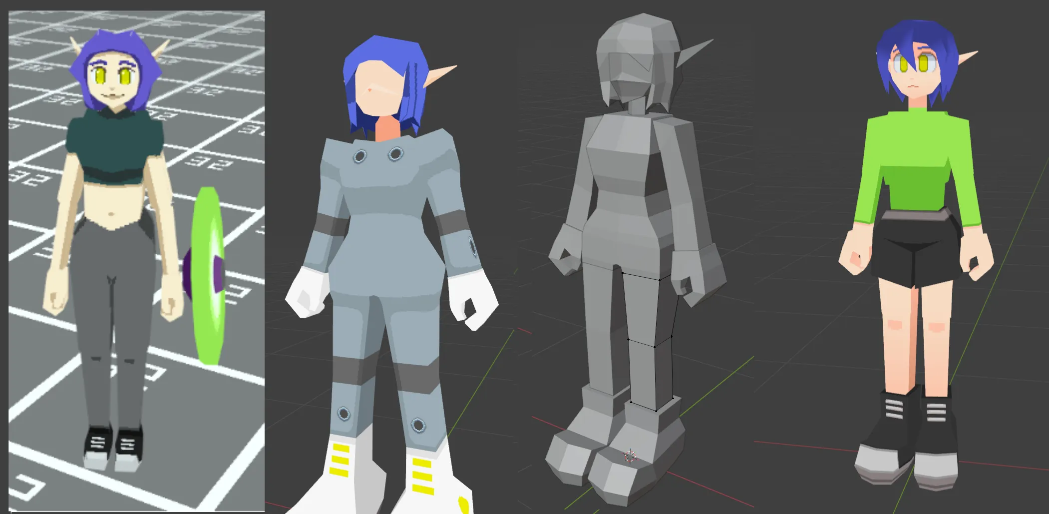 Four distinct pictures showing the same elven character model, but in various unfinished states.