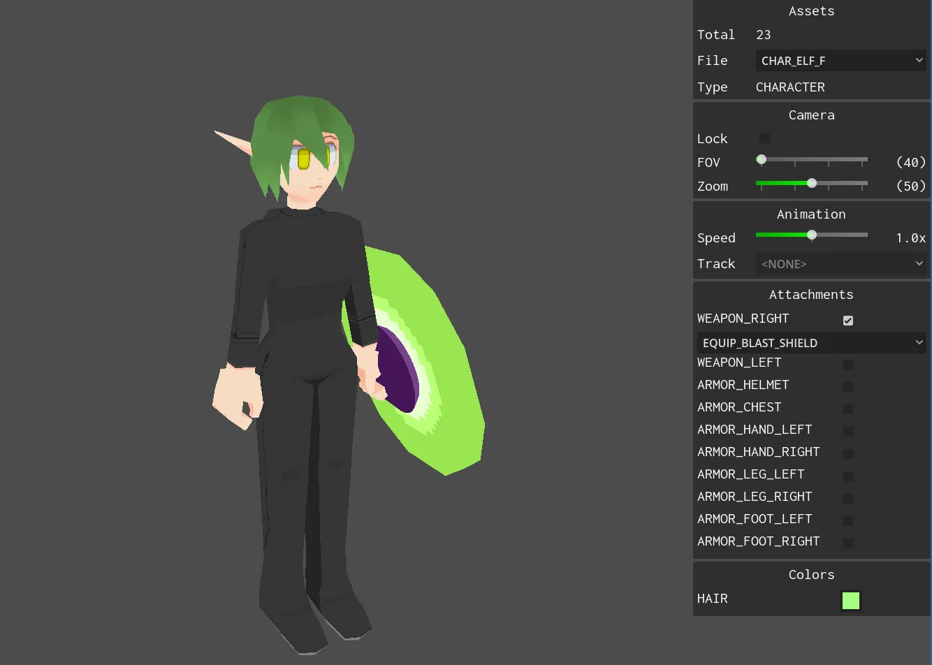 Application window showing a green-hair elven character model in the center. On the right, a list of options and setting selections used for tweaking the state of the character.